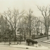 <p>View of the Rodman Gun Monument in the 1940s, looking northeast toward the Commanding Officer&#39;s Quarters (Building 1)</p>